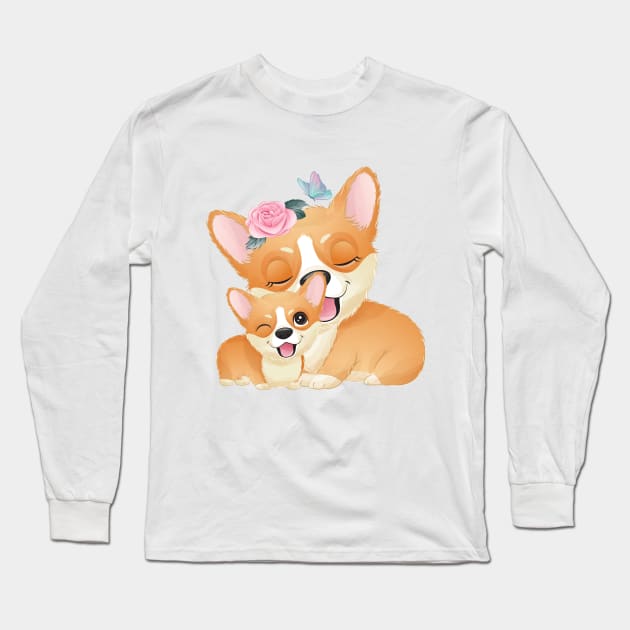 Cute little corgi mother and baby tshirt Long Sleeve T-Shirt by Tshirt lover 1